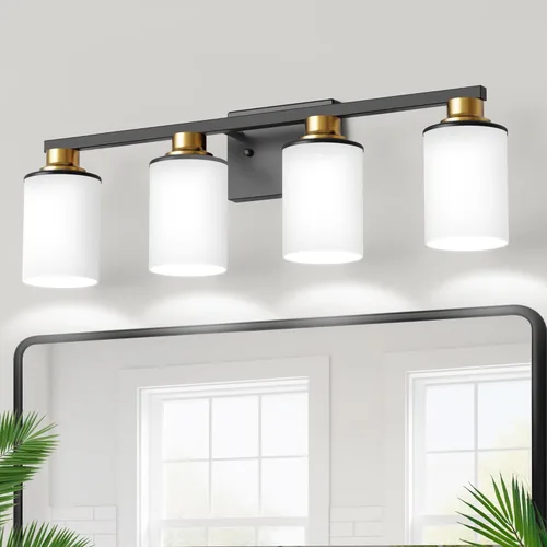 Miniatura 43 de DORESshop Lámparas de baño, 3 luces negras y doradas para baño sobre espejo con pantalla de vidrio transparente, luces de tocador para baño, Negro