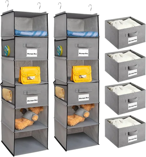 Miniatura 8 de BrilliantJo Organizador colgante de armario con 5 estantes, 2 paquetes de almacenamiento colgante con 6 bolsillos laterales para ropa y zapatos, 43