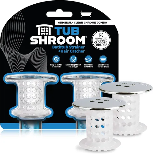 TubShroom Protector de drenaje de bañera y captador de pelo, paquete de 2, cromado, se adapta a desagües de bañera y ducha de 1.5 a 1.75 pulgadas