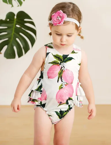 Miniatura 2 de Mameluco de verano con diseño floral y volantes para niña bebé, con diadema