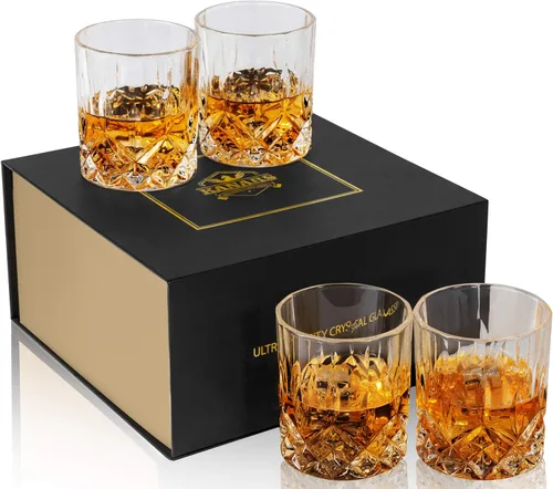 KANARS Juego de 4 vasos de whisky estilo antiguo con caja de lujo - 10 oz. Utensilio de bar con base pesada para whisky escocés, bourbon, licor y