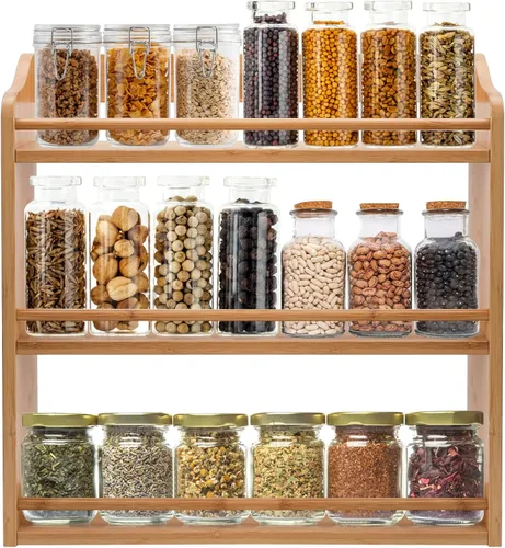 Estante de Bambú de 3 Niveles para Especias, Estante Organizador de Frascos de Condimentos para Montaje en Pared o Encimera de Cocina