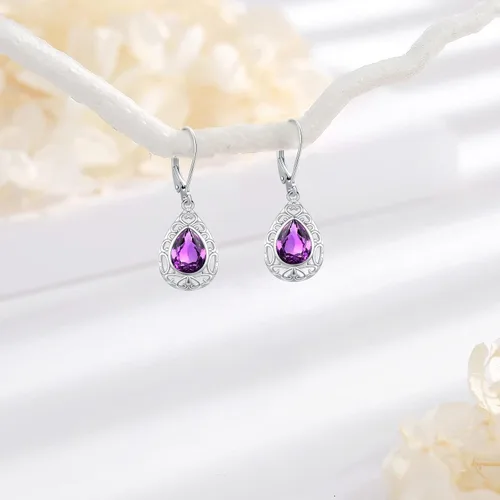 Miniatura 222 de Aretes colgantes de plata de ley con diseño de árbol de la vida, flor, abeja, animales, gato, colibrí, piedra lunar, turquesa, aretes con cierre