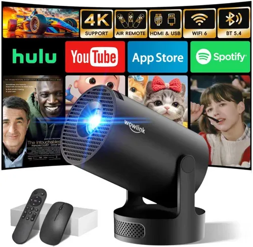 [Built-in Apps & 2026 Upgraded] Mini Projector with WiFi 6 and Bluetooth 5.4 Support 4K 1080P Auto Keystone 180° Rotatable Projector Portable