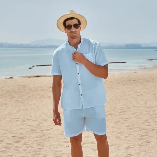 Miniatura 2 de AOTORR Conjunto de lino de 2 piezas para hombre, camisa de manga corta con botones y traje de playa corto