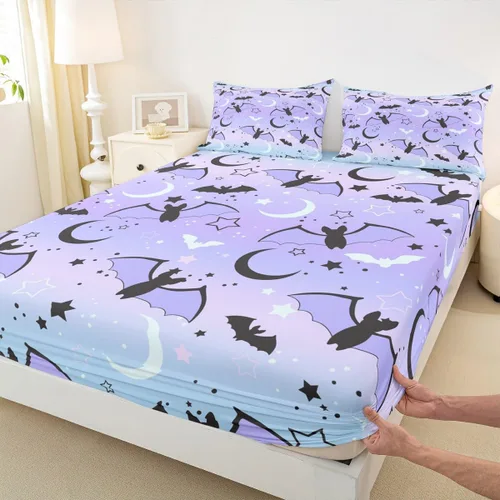 Miniatura 4 de Juego de funda de edredón de Halloween, sábana bajera ajustable de arcoíris para niños y niños, diseño de murciélago, luna y estrella, juego