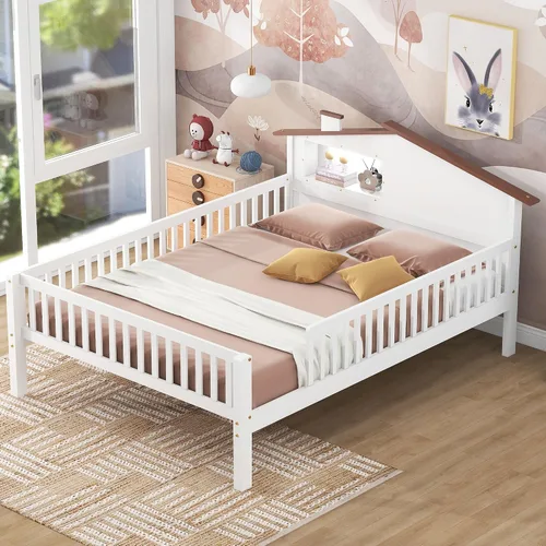Miniatura 18 de VilroCaz Moderna cabecera de almacenamiento de cama de tamaño individual y barandilla de seguridad para niños, base de cama de plataforma de madera