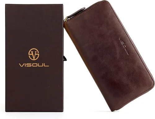 Miniatura 56 de VISOUL Cartera larga de cuero con cremallera para hombres y mujeres con bloqueo RFID, cartera larga de embrague grande con cremallera, Negro