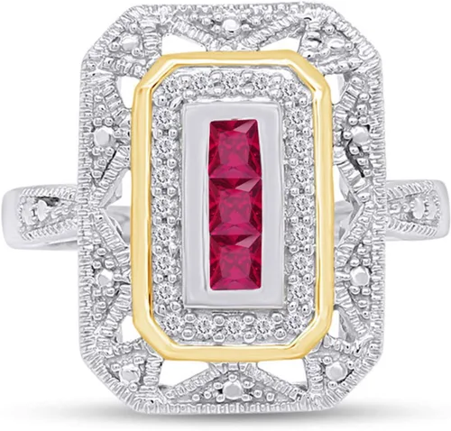 Miniatura 2 de Anillo Art Deco de plata de ley con detalles de diamante natural blanco y rubí creado