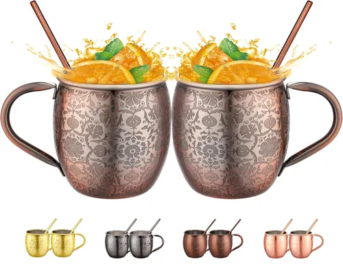 Miniatura 13 de UNISWEET Moscow Mule - Tazas de 18 onzas chapadas en cobre fina artesanía, tazas grabadas con acero inoxidable 304, para bebidas frías, cerveza, 1