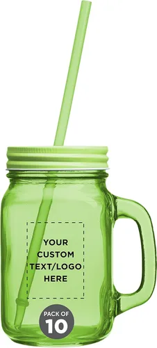 DISCOUNT PROMOS Tarros Mason de colores de 15 onzas con pajilla, paquete de 10 unidades, texto personalizable, logotipo, color verde