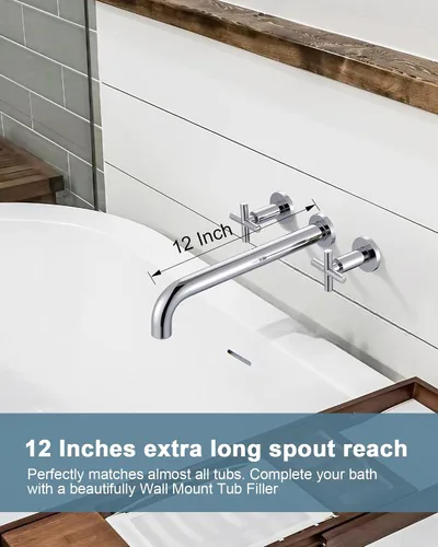 Miniatura 3 de ARCORA - Grifo cromado para bañera de montaje en pared, 2 asas cruzadas, grifo de bañera montado en la pared con válvula de latón áspero incluida