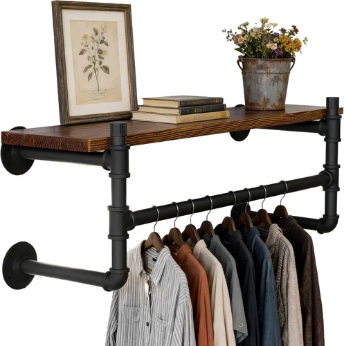 Miniatura 12 de WEBI Perchero de pared con estante, perchero industrial de 24 pulgadas con estantes, barra de ropa de hierro resistente, barra de ropa de exhibición
