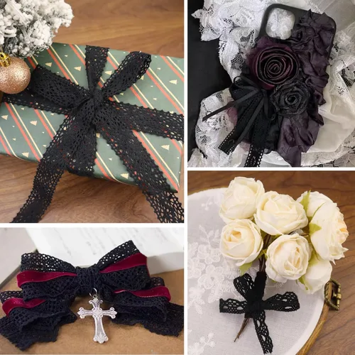 Miniatura 7 de Cinta de encaje negra de 15 yardas, ribete de encaje de algodón, encaje de ganchillo para costura, para manualidades, envoltura de regalo