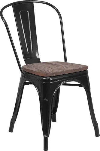 Miniatura 3 de EMMA + OLIVER Silla apilable de metal negro con asiento de madera