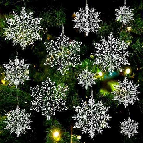 Miniatura 14 de Decoraciones para árbol de Navidad, adornos de copo de nieve, 36 piezas de copos de nieve colgantes de plástico con purpurina azul y plateado