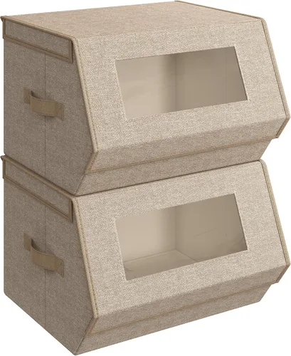 Miniatura 11 de SONGMICS URPLB02G - Juego de 2 cubos de almacenamiento apilables, cajas de almacenamiento con tapas y ventanas delanteras, organizadores de armario