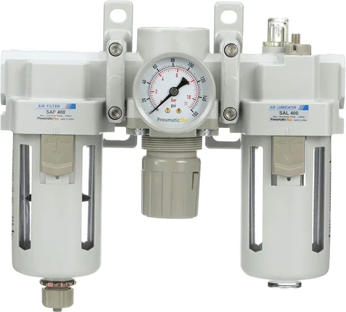 Miniatura 2 de PneumaticPlus SAU400-N04G Filtro de aire comprimido Regulador Lubricador Combo 1/2" NPT - Cuenco de polietileno, drenaje manual, soporte, calibre
