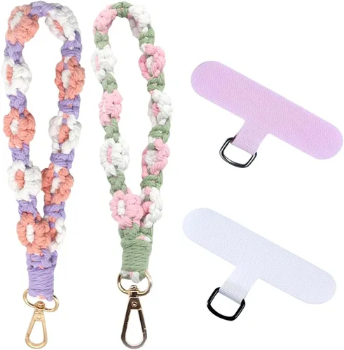 Miniatura 10 de VIOKKO Correa de muñeca de macramé bohemio para teléfono, cordón para teléfono celular con lengüeta de sujeción, pulsera con soporte para correa