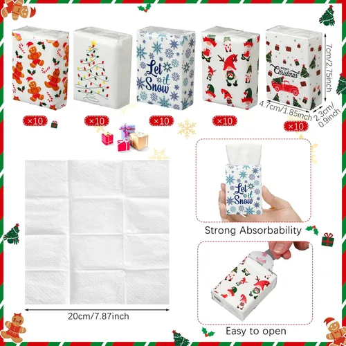 Miniatura 3 de Ctosree Paquete de 50 pañuelos de bolsillo de Navidad, paquetes de viaje de Feliz Navidad, 500 hojas, copos de nieve, pequeños pañuelos
