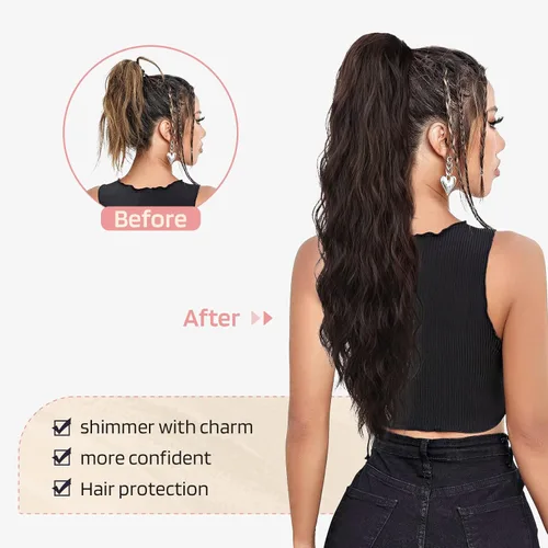 Miniatura 4 de FLUFYMOOZ Extensión de Cola de Caballo, Extensiones de Cabello de Cola de Caballo con Cordón de 26 Pulgadas para Mujeres, Postizo de Cabello
