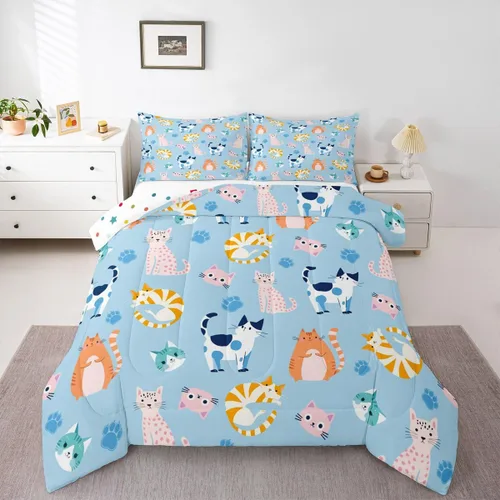 Miniatura 17 de Feelyou Juego de edredón para niños, diseño de gatos de dibujos animados, tamaño twin, lindo juego de ropa de cama de gatitos para adolescentes