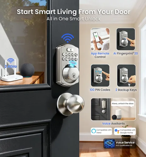 Miniatura 3 de Veise VE012W-K - Cerradura inteligente de huellas dactilares WiFi integrada con 2 perillas, no necesita concentrador, control remoto por aplicación