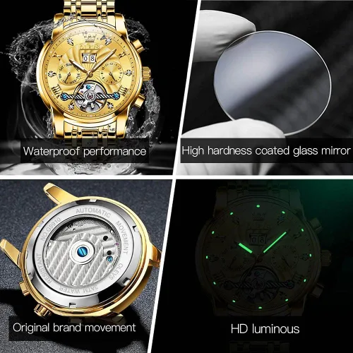 Miniatura 5 de OLEVS - Reloj mecánico automático Tourbillon Slef-Wind lujoso de acero inoxidable resistente al agua luminoso y con fecha