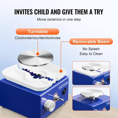 Miniatura 4 de VEVOR Rueda Mini de Cerámica para Niños y Principiantes, Kit Completo de Cerámica con 2 Platos Giratórios de 6.6cm/10cm y 17 Herramientas Azul