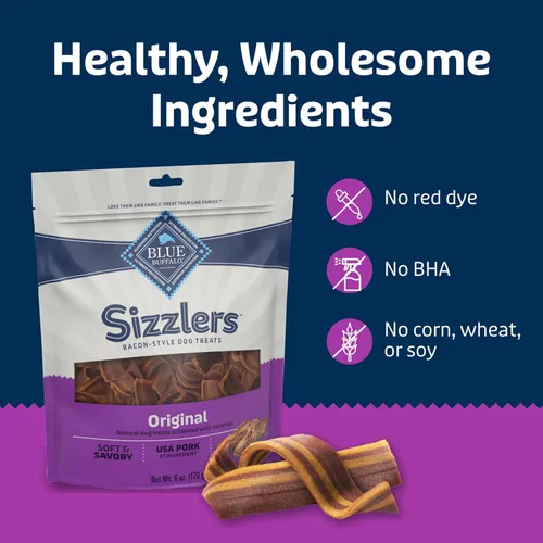 Miniatura 7 de Blue Buffalo Sizzlers - Golosinas suaves y naturales para perros, estilo tocino, golosinas suaves y húmedas con cerdo real de Estados Unidos, sabor