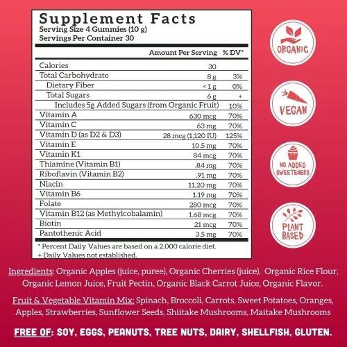 Miniatura 3 de Llama Naturals Multivitamin para Mujeres y Hombres, Gomitas Veganas y Orgánicas con Vitamina D, C y K, Vitaminas de Fruta Real para Adultos