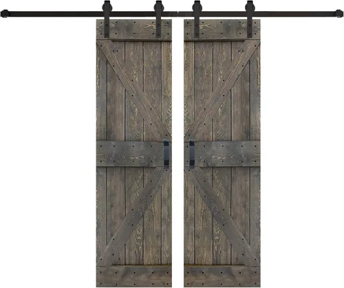Miniatura 2 de Serie K de 56 pulgadas x 84 pulgadas (28 x 84 pulgadas x 2 paneles) de madera maciza con acabado gris ahumado, herrajes para puerta corrediza