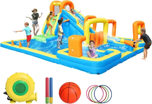 Miniatura 8 de Tobogán acuático inflable para patio trasero de niños, casa de rebote con tobogán acuático, casa inflable para parque acuático inflable para húmedo