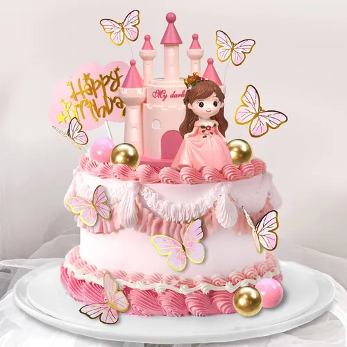 Miniatura 4 de 19 piezas Decoración de pastel de princesa con castillo, mariposas y bolas para suministros de cumpleaños de princesa (rosa)