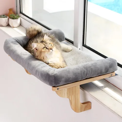 Miniatura 11 de Zakkart Percha para gato para alféizar de ventana con refuerzo, diseño ortopédico de hamaca con madera dura de primera calidad y marco de metal
