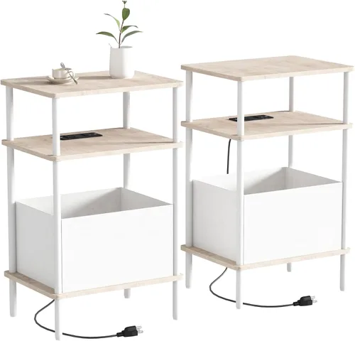Miniatura 14 de Mesa auxiliar pequeña con estación de carga, mesa auxiliar para espacios pequeños, mesita de noche delgada con tomacorriente, sofá junto a la mesa