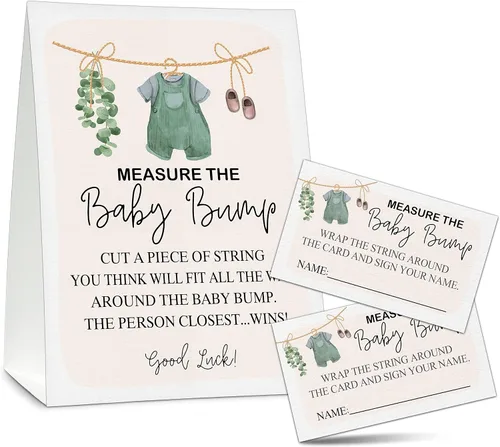 Measure the Baby Bump - Juego de juego para baby shower, 1 letrero de pie con 50 tarjetas de adivinanzas, ropa de bebé, suministros de decoración de