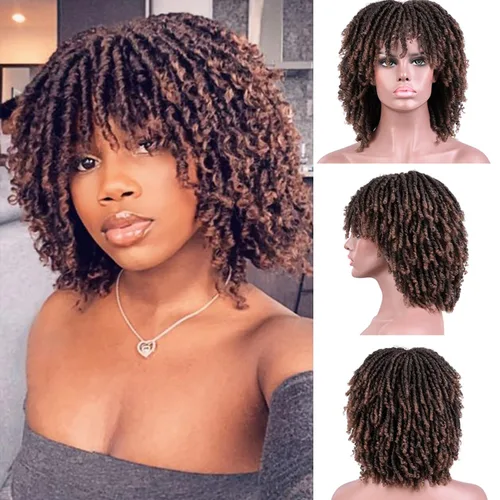 Miniatura 2 de Pelucas de rastas cortas de 6 pulgadas para mujeres y hombres negros con clips, pelucas trenzadas sintéticas con rizos postizos, rizos Afro, rizos