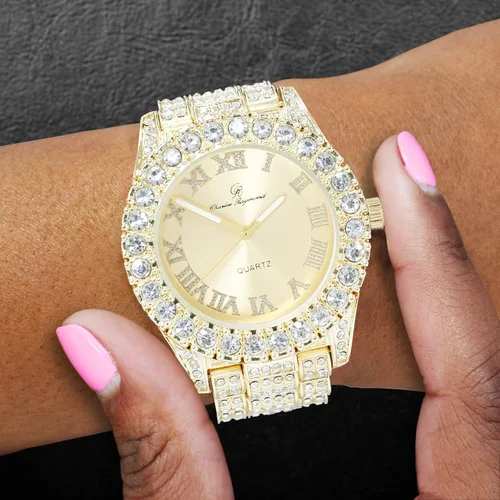 Miniatura 6 de Reloj de mujer con bisel grande de rocas, esfera de color con números romanos, totalmente cubierto en cristales - ST10327LA