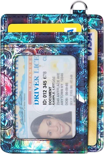 Miniatura 9 de Cartera delgada con bolsillo frontal RFID para tarjetas de identificación, bonita cartera pequeña con llavero para mujer