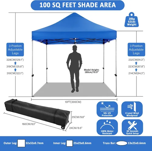 Miniatura 4 de COBIZI Carpa Toldo Emergente de 10x10 pies, Toldo de 10x10 con 4 Paredes Laterales Impermeable de Servicio Pesado Carpa Comercial para Fiestas