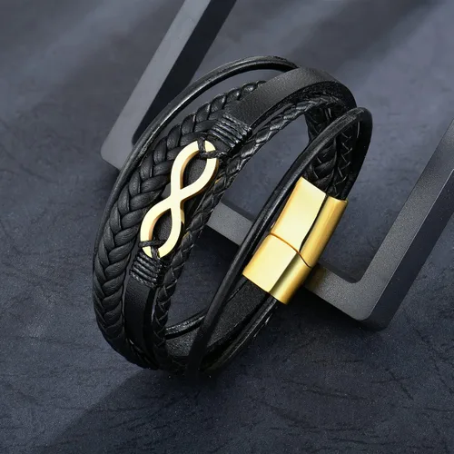 Miniatura 4 de Pulsera de cuero multicapa para hombre, 8.5 pulgadas, color negro o marrón, para hombre