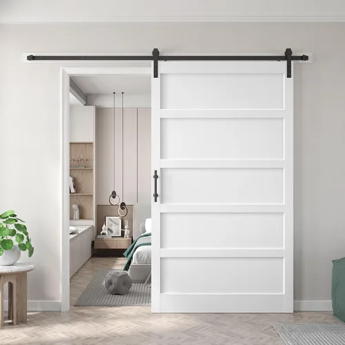 Miniatura 37 de Fredbeck Puerta de granero blanca de 30 x 84 pulgadas con kit de herrajes para puerta corredera de 5.5 pies incluido y asa, sólida, MDF, superficie