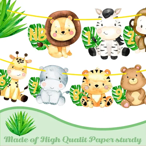 Miniatura 4 de Safair - Cartel de fotos de 1er cumpleaños de animales de safari en la selva, suministros para fiestas