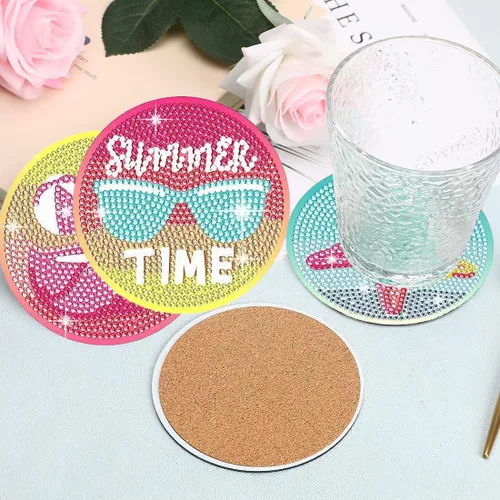 Miniatura 6 de Leatrice Juego de 8 posavasos de diamantes para playa, pequeños kits de pintura de diamantes para adultos, puntos de diamantes redondos