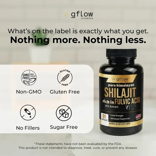 Miniatura 8 de gflow vitamins Shilajit Rico en ácido fúlvico y más de 85 minerales traza Suplemento de máxima potencia para combatir la fatiga Fabricado
