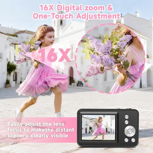 Miniatura 6 de Cámara digital para niños, cámaras digitales 1080P de 48MP para apuntar y disparar con tarjeta de memoria de 32 GB y zoom digital de 16X, cámara