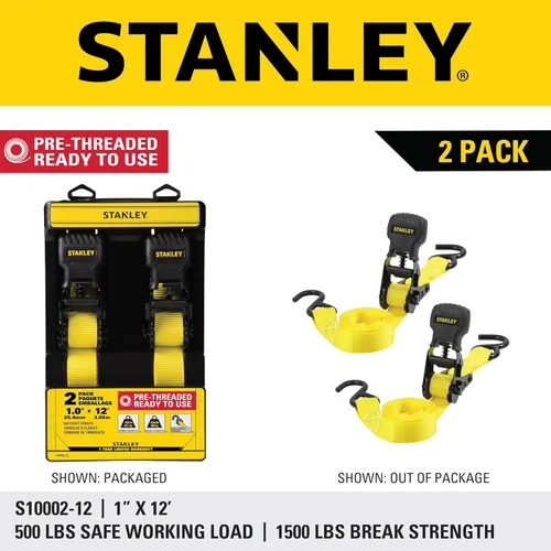 Miniatura 8 de STANLEY S10002-12 Correas de trinquete negras/amarillas de 1" X 12' - Carga de trabajo segura de 500 LBS / Fuerza de rotura de 1,500 LBS, paquete
