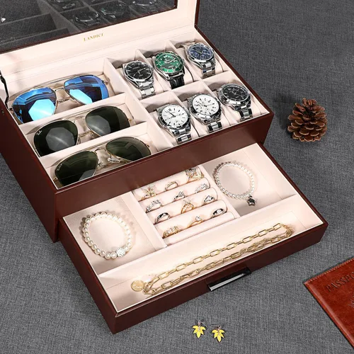 Miniatura 2 de LANDICI Caja de reloj para hombres y mujeres, 2 capas de piel sintética, organizador de relojes, caja de almacenamiento grande, caja de joyería