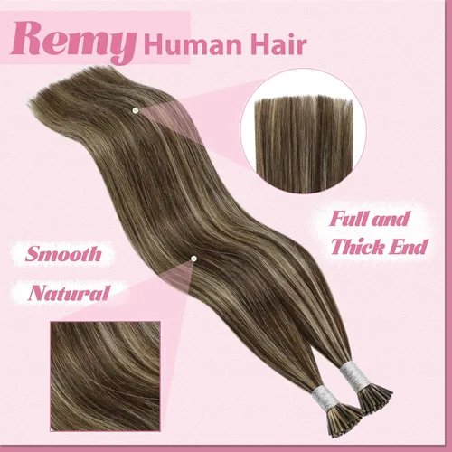 Miniatura 4 de YoungSee Itip - Extensiones de cabello humano con punta en I, color marrón, extensiones de cabello humano con punta en I, con mechas marrón oscuro